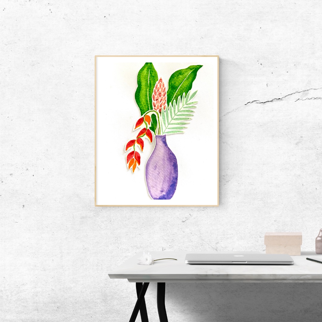 Art print vase and tropical flowers